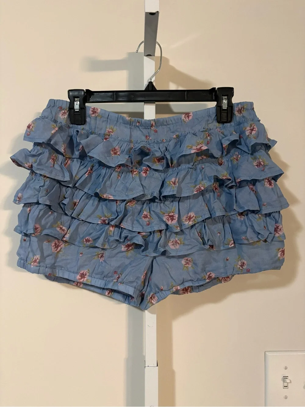 Free People Light Blue Floral Ruffle Tiered Shorts